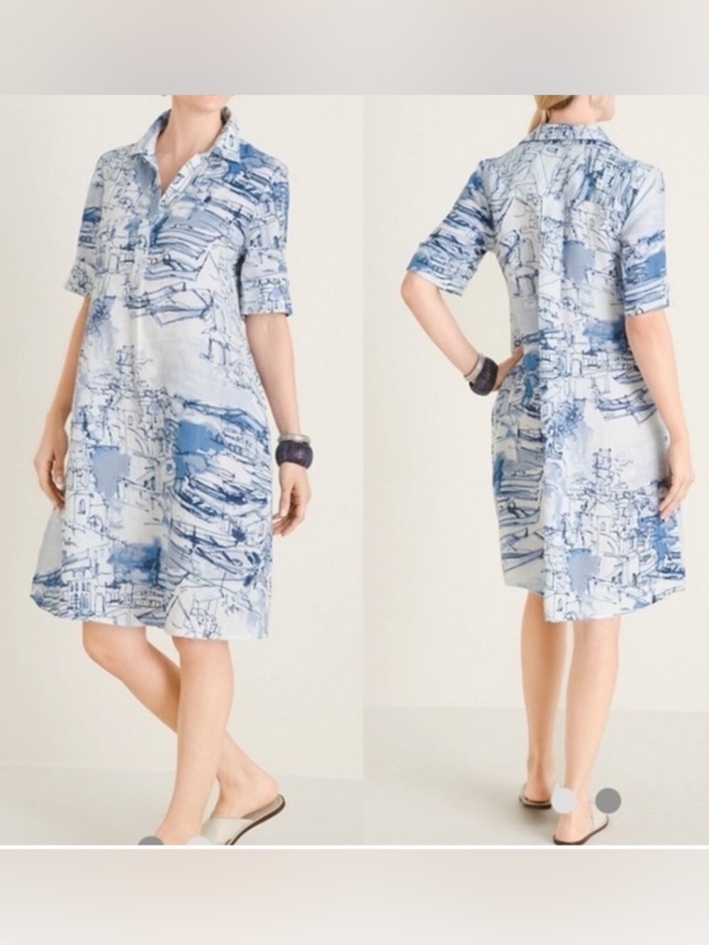 Chico's Santorini 100% Linen Shirt Dress Blue White Coastal Print Size 1 (8/10)